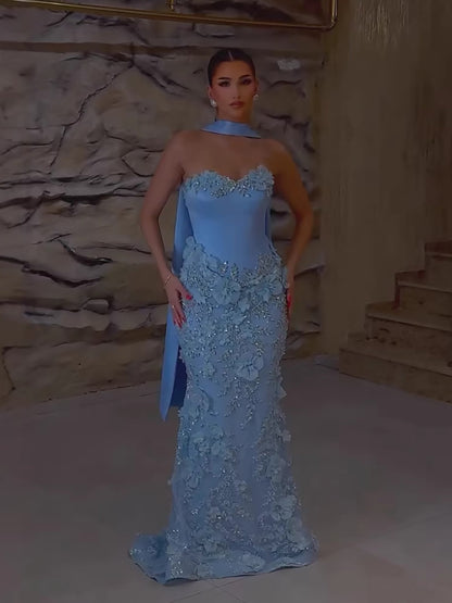 Luxury Blue 3D Flower Beaded Mermaid Evening Dress With Cape LA73593
