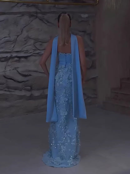 Luxury Blue 3D Flower Beaded Mermaid Evening Dress With Cape LA73593