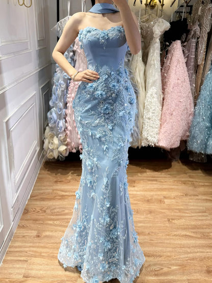 Luxury Blue 3D Flower Beaded Mermaid Evening Dress With Cape LA73593