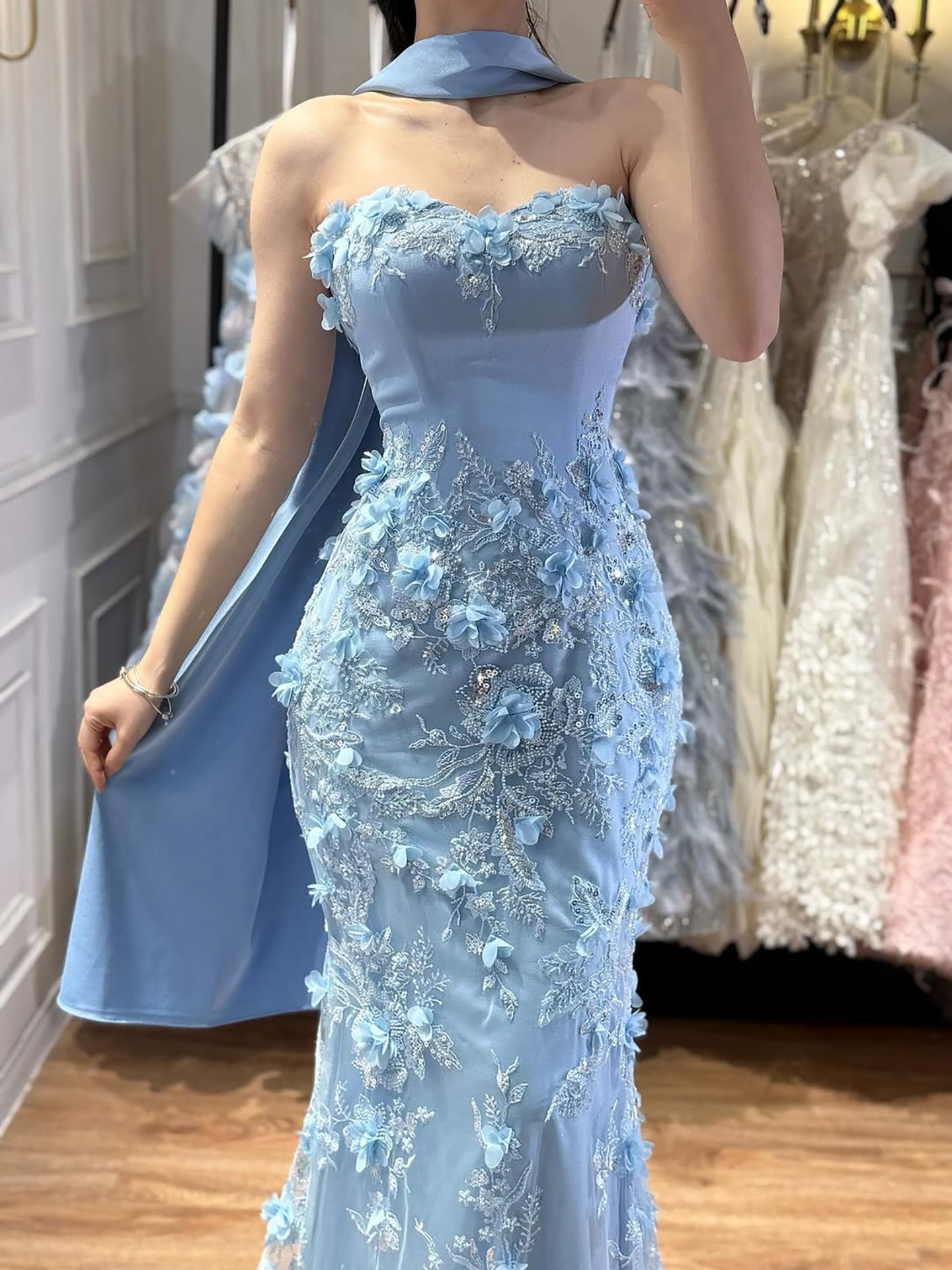 Luxury Blue 3D Flower Beaded Mermaid Evening Dress With Cape LA73593