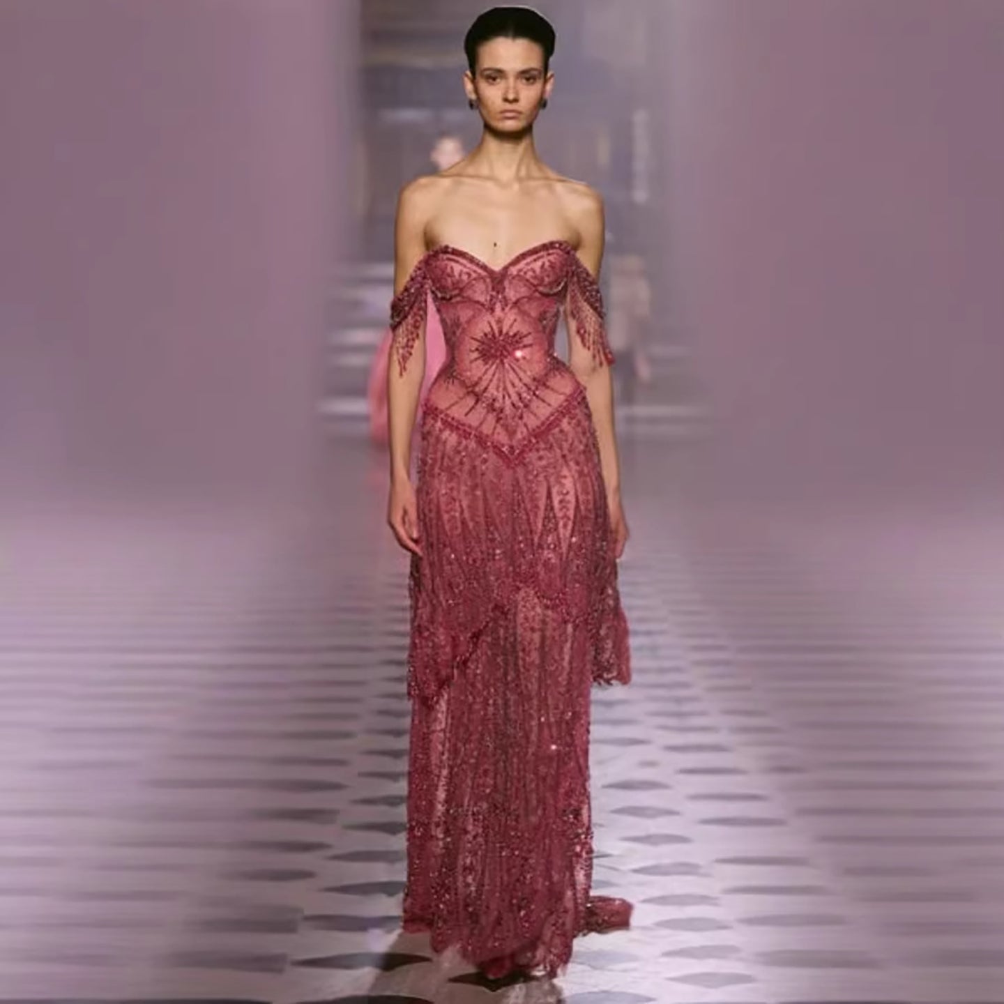 Luxury Fuchsia Beaded A-Line Evening Dress With Tassels LA73594