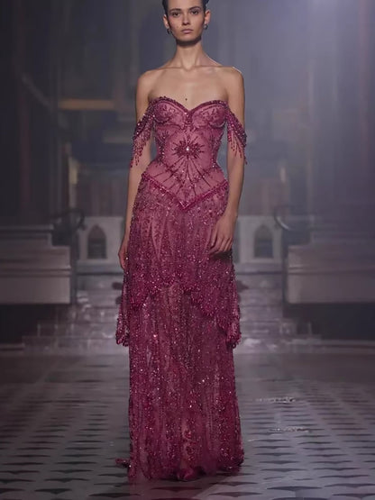 Luxury Fuchsia Beaded A-Line Evening Dress With Tassels LA73594