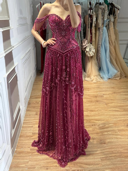 Luxury Fuchsia Beaded A-Line Evening Dress With Tassels LA73594