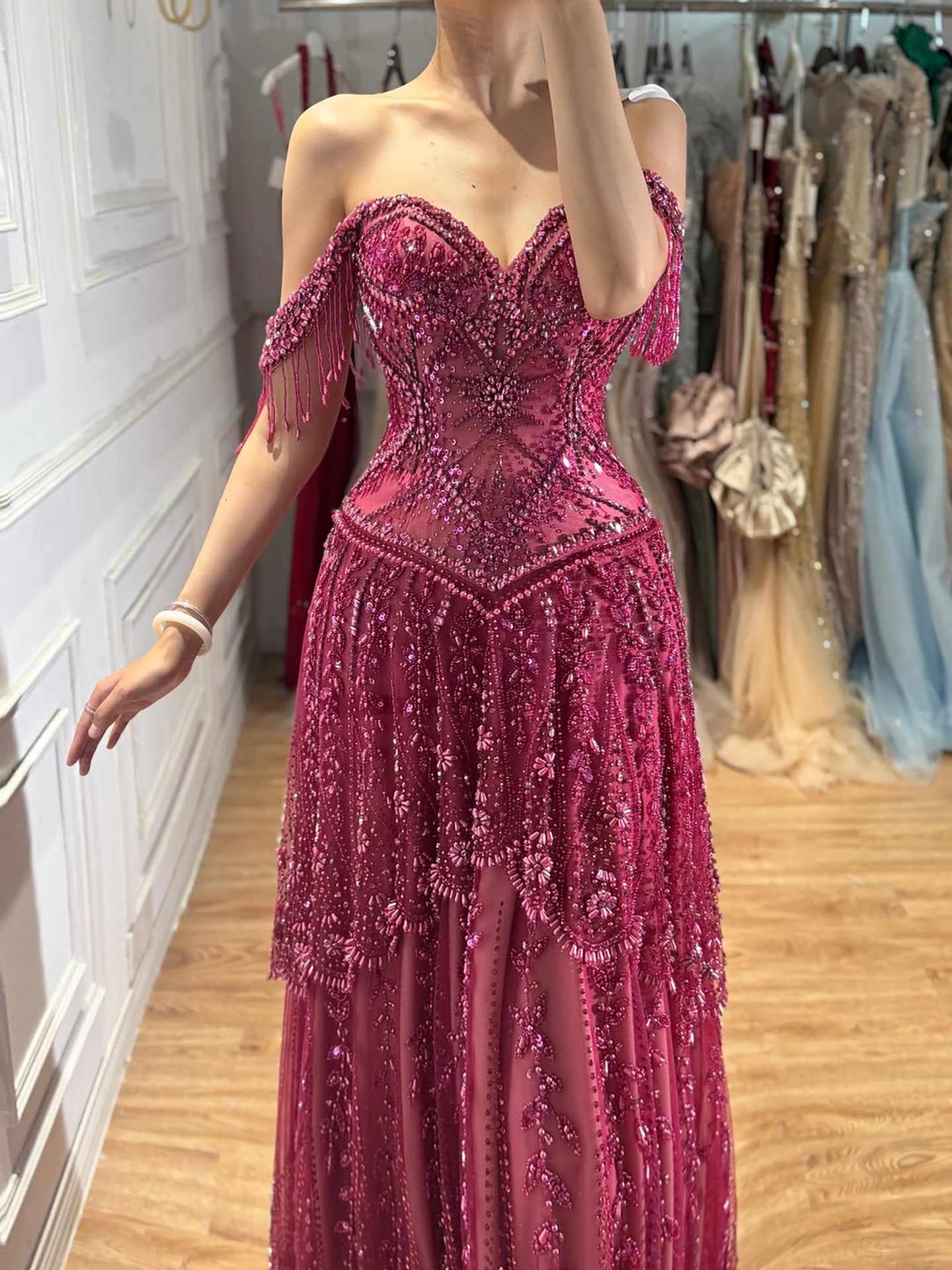 Luxury Fuchsia Beaded A-Line Evening Dress With Tassels LA73594