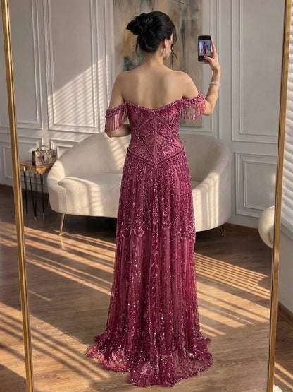 Luxury Fuchsia Beaded A-Line Evening Dress With Tassels LA73594