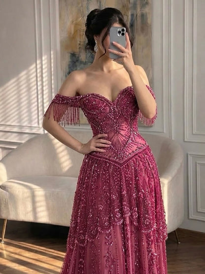 Luxury Fuchsia Beaded A-Line Evening Dress With Tassels LA73594