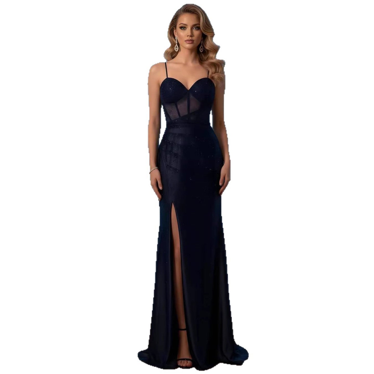 Navy Blue Beaded Spaghetti Straps Mermaid Dress High Split LA73596