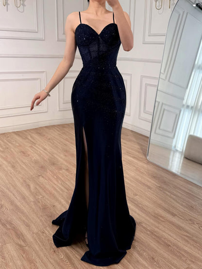 Navy Blue Beaded Spaghetti Straps Mermaid Dress High Split LA73596