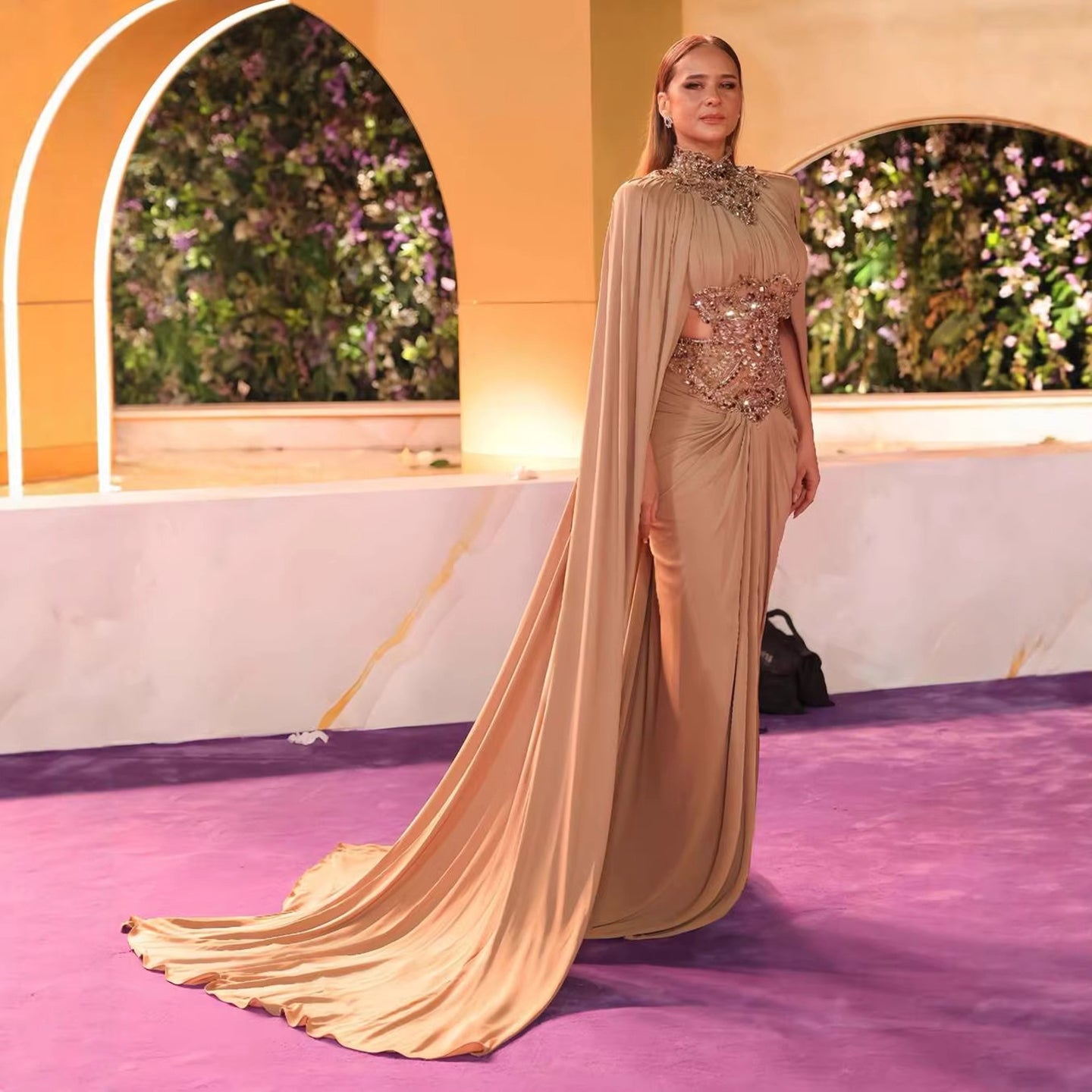 Luxury Nude Beaded Modest Evening Dress With Cape LA73597