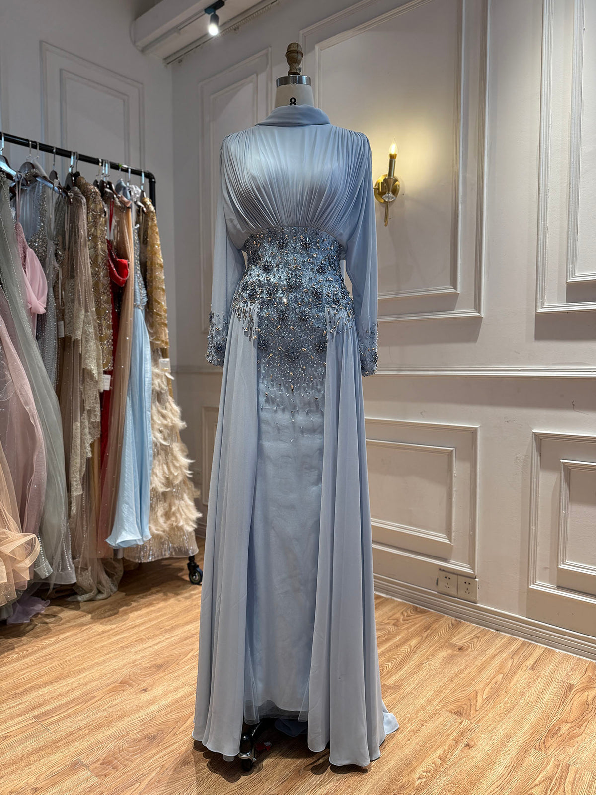 Luxury Nude Crystal Beaded Long Sleeves Evening Dress LA73598