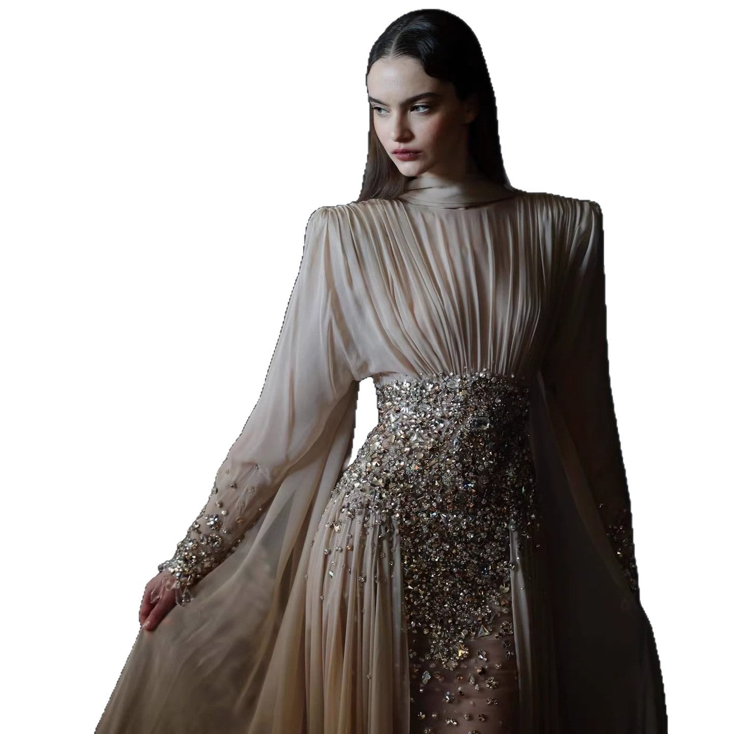 Luxury Nude Crystal Beaded Long Sleeves Evening Dress LA73598