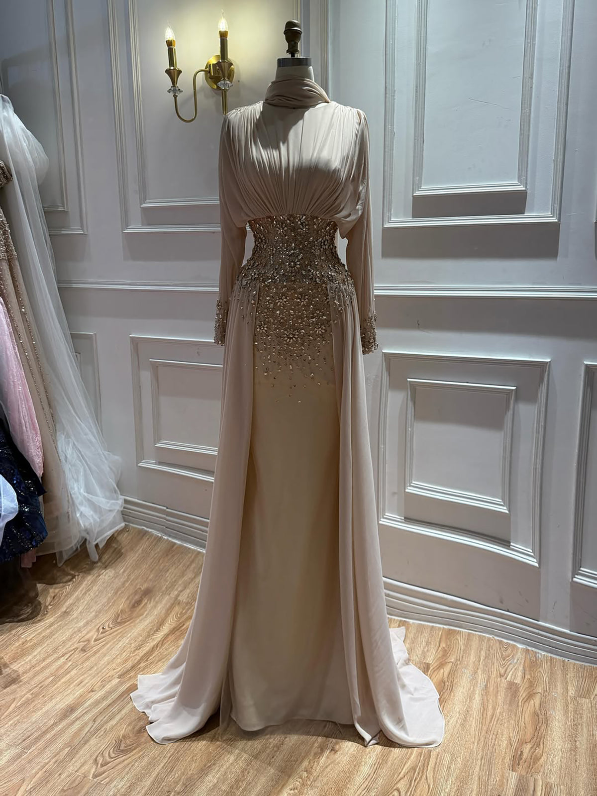 Luxury Nude Crystal Beaded Long Sleeves Evening Dress LA73598