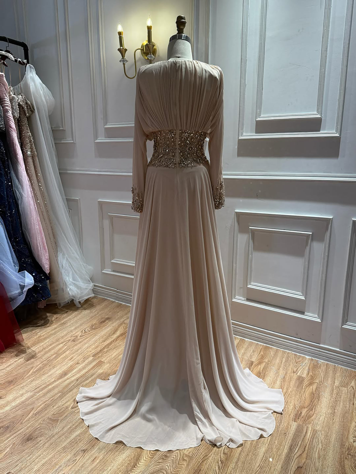 Luxury Nude Crystal Beaded Long Sleeves Evening Dress LA73598