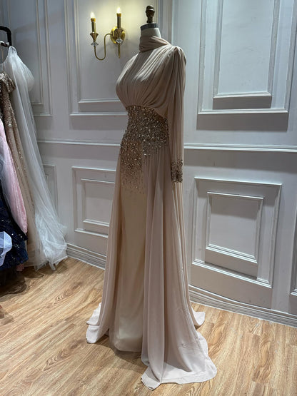 Luxury Nude Crystal Beaded Long Sleeves Evening Dress LA73598