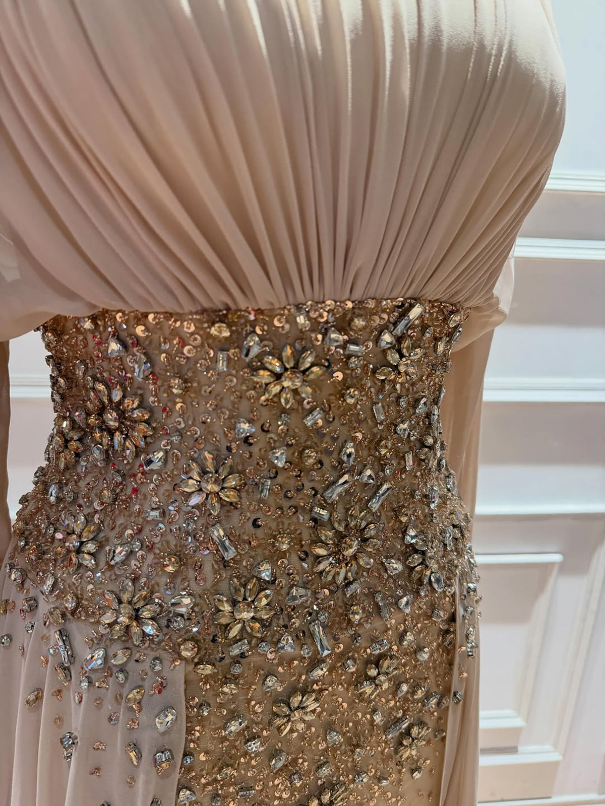 Luxury Nude Crystal Beaded Long Sleeves Evening Dress LA73598