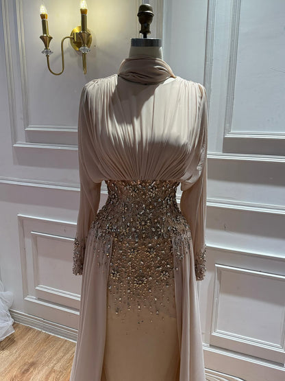 Luxury Nude Crystal Beaded Long Sleeves Evening Dress LA73598