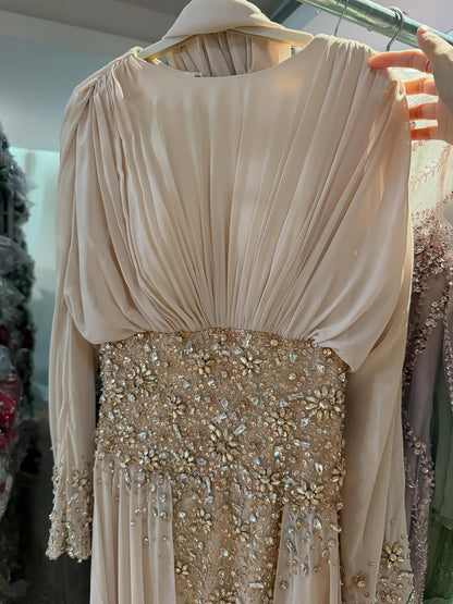 Luxury Nude Crystal Beaded Long Sleeves Evening Dress LA73598