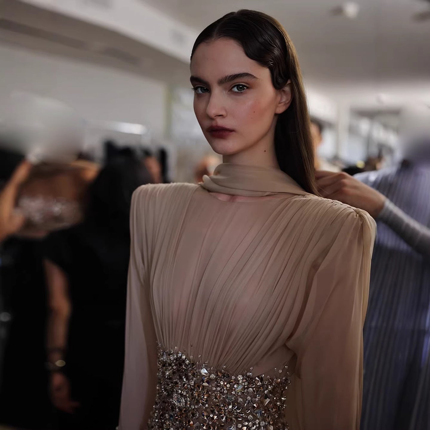 Luxury Nude Crystal Beaded Long Sleeves Evening Dress LA73598