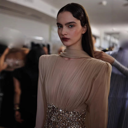 Luxury Nude Crystal Beaded Long Sleeves Evening Dress LA73598