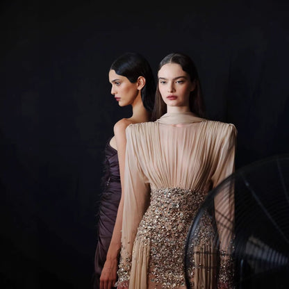 Luxury Nude Crystal Beaded Long Sleeves Evening Dress LA73598