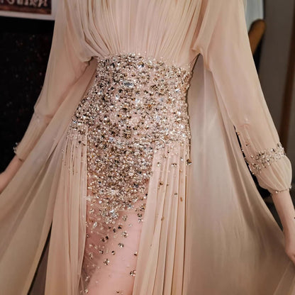 Luxury Nude Crystal Beaded Long Sleeves Evening Dress LA73598