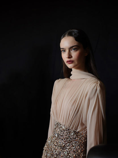 Luxury Nude Crystal Beaded Long Sleeves Evening Dress LA73598