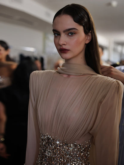 Luxury Nude Crystal Beaded Long Sleeves Evening Dress LA73598