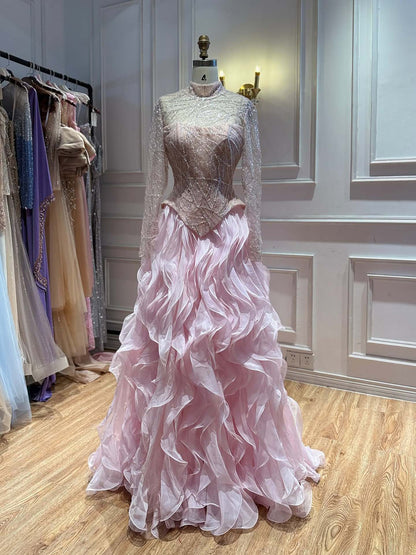 Luxury Pink Beaded High Neck Ball Gown LA73603C