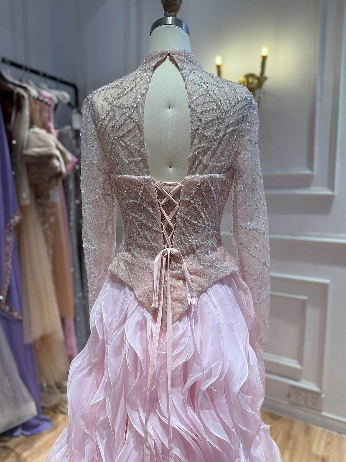 Luxury Pink Beaded High Neck Ball Gown LA73603C