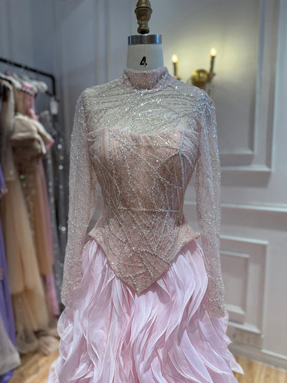 Luxury Pink Beaded High Neck Ball Gown LA73603C