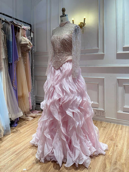 Luxury Pink Beaded High Neck Ball Gown LA73603C