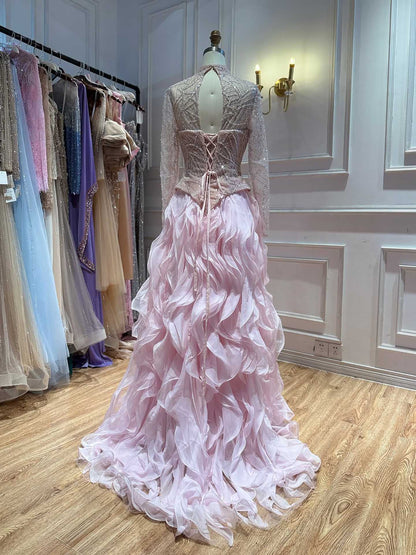 Luxury Pink Beaded High Neck Ball Gown LA73603C