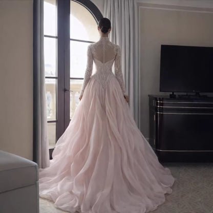Luxury Pink Beaded High Neck Ball Gown LA73603A