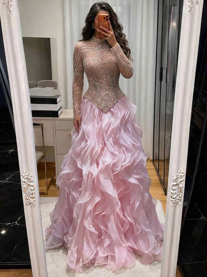 Luxury Pink Beaded High Neck Ball Gown LA73603C