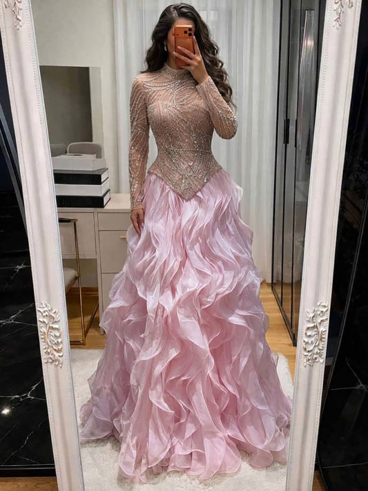 Luxury Pink Beaded High Neck Ball Gown LA73603C