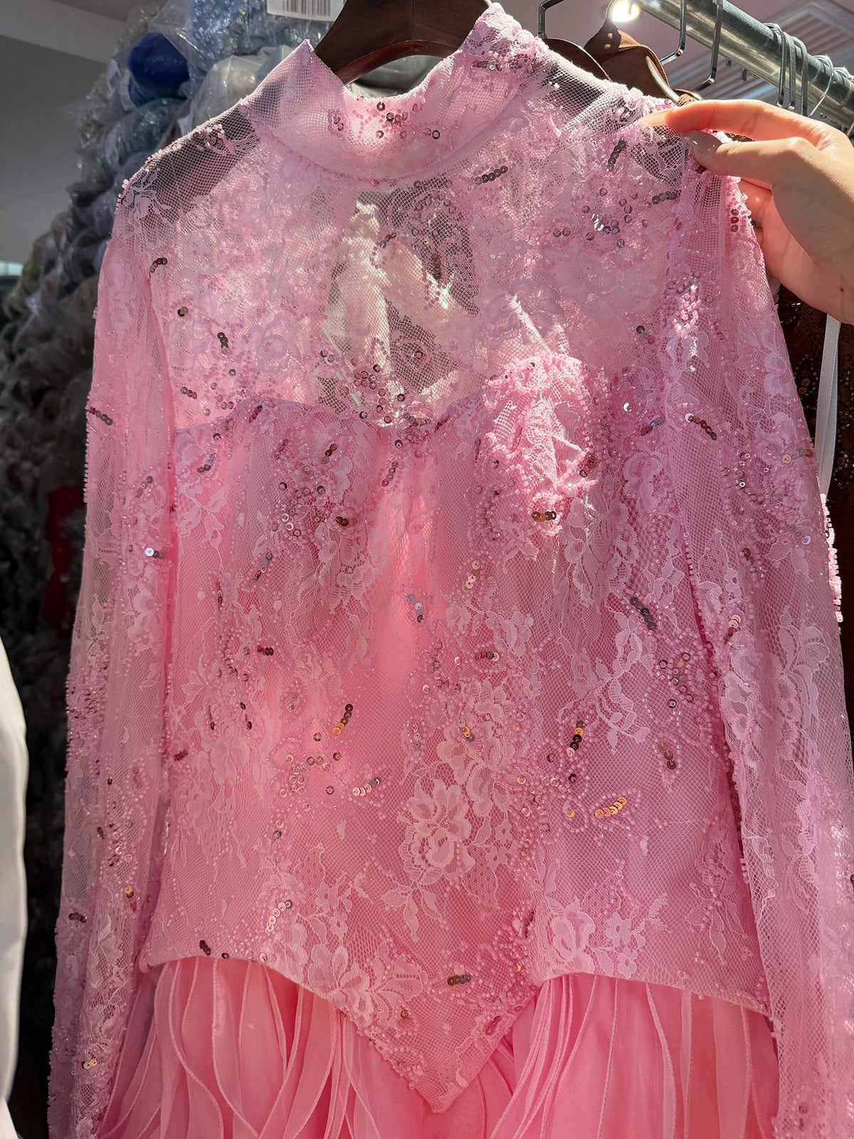 Luxury Pink Beaded High Neck Long Sleeve Ball Gown LA73603B