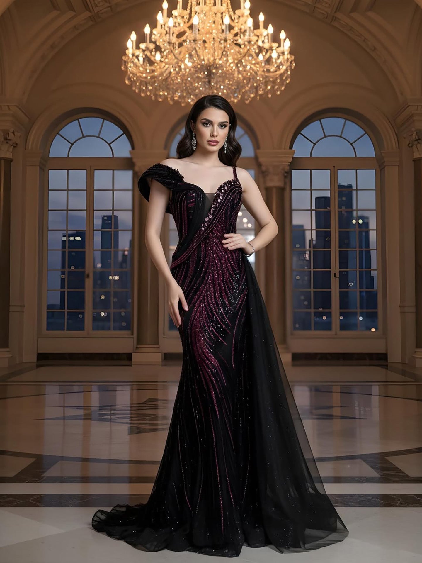 Luxury Wine Red Crystal Beaded Mermaid Evening Dress With Overskirt LA73606