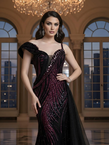 Luxury Wine Red Crystal Beaded Mermaid Evening Dress With Overskirt LA73606