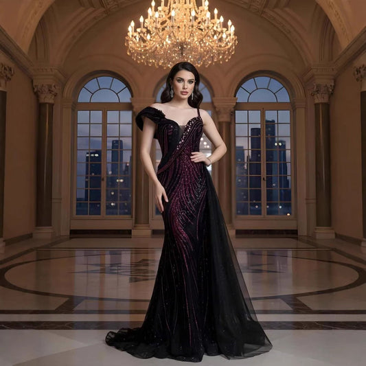 Luxury Wine Red Crystal Beaded Mermaid Evening Dress With Overskirt LA73606