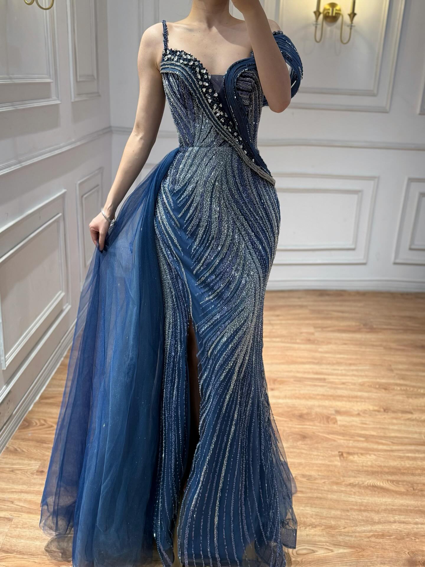 Luxury Wine Red Crystal Beaded Mermaid Evening Dress With Overskirt LA73606