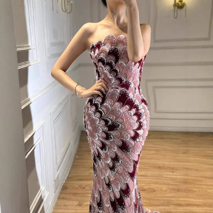 Luxury Pink Strapless Beaded Mermaid Evening Dress LA73607