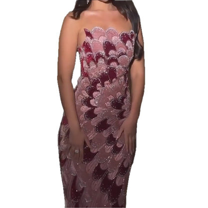 Luxury Pink Strapless Beaded Mermaid Evening Dress LA73607