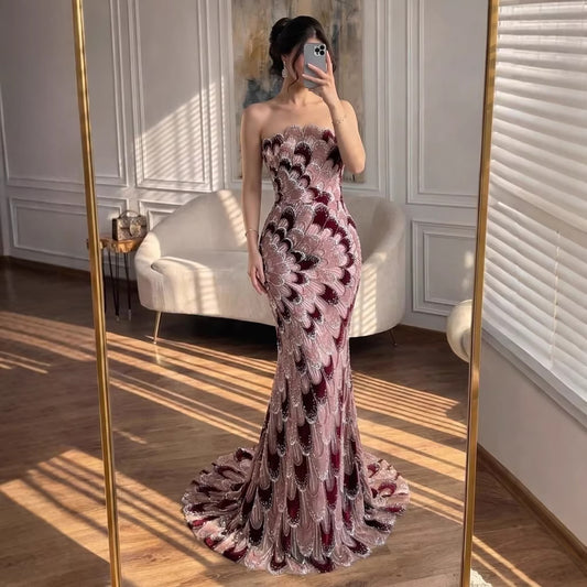 Luxury Pink Strapless Beaded Mermaid Evening Dress LA73607
