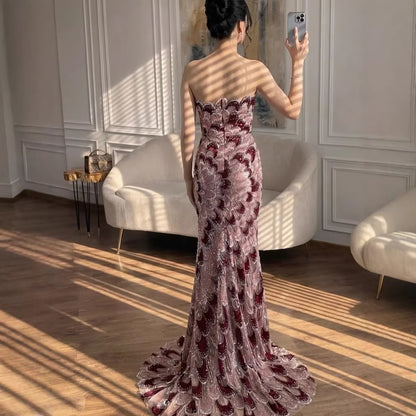 Luxury Pink Strapless Beaded Mermaid Evening Dress LA73607
