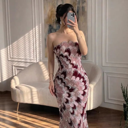 Luxury Pink Strapless Beaded Mermaid Evening Dress LA73607