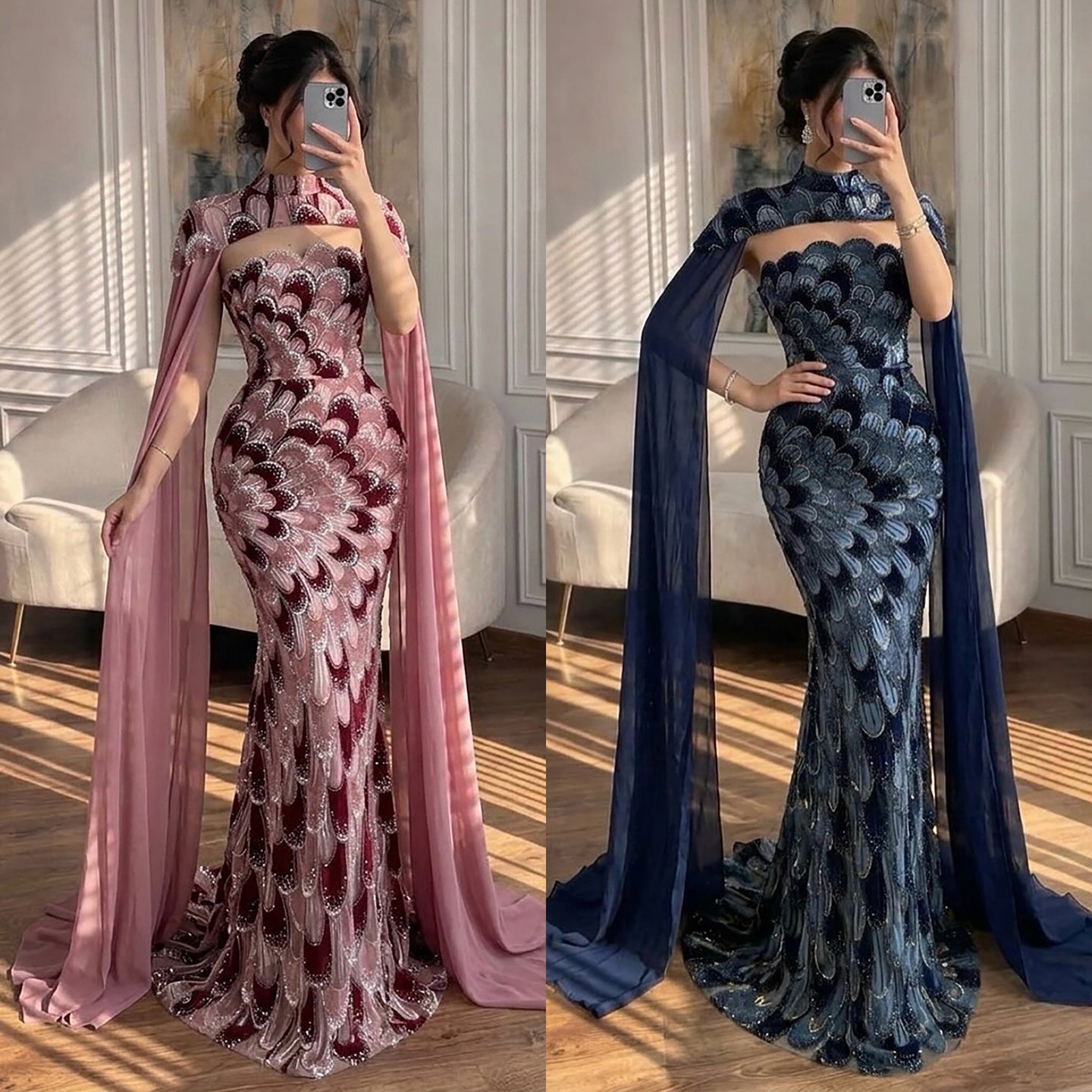 Luxury Pink Beaded Mermaid Cape Evening Dress LA73607A