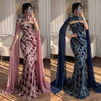 Luxury Pink Beaded Mermaid Cape Evening Dress LA73607A