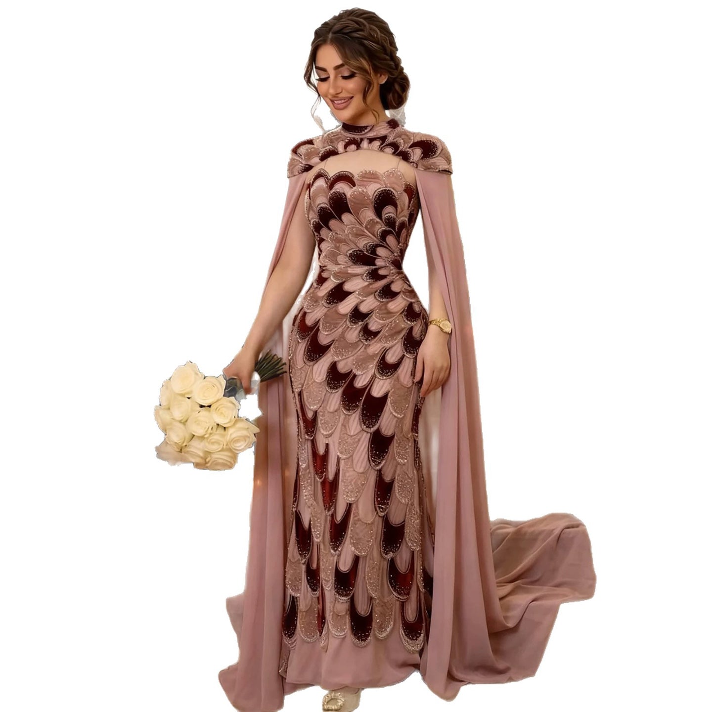 Luxury Pink Beaded Mermaid Cape Evening Dress LA73607A