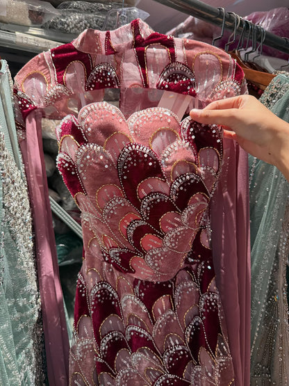 Luxury Pink Beaded Mermaid Cape Evening Dress LA73607A