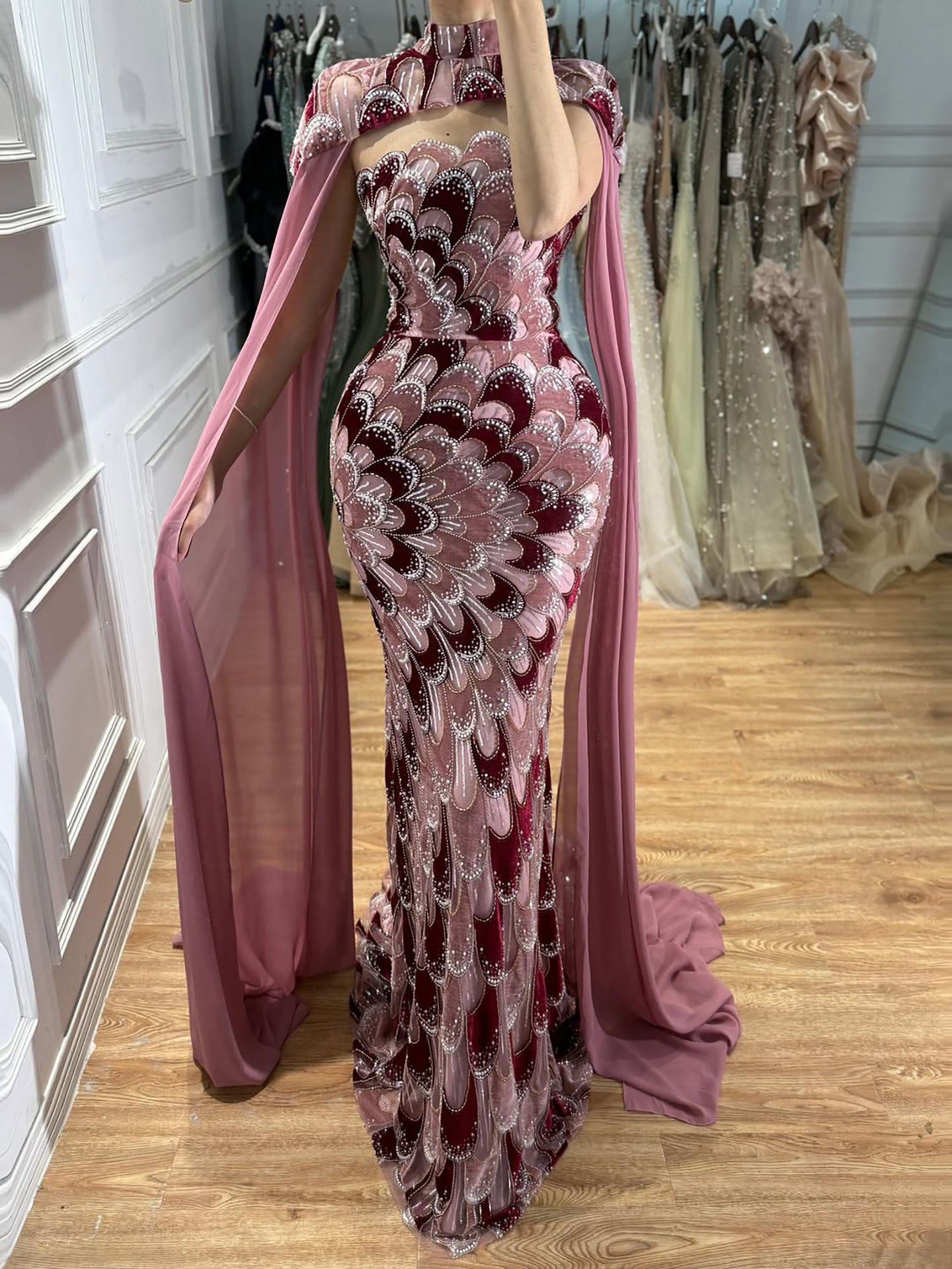 Luxury Pink Beaded Mermaid Cape Evening Dress LA73607A